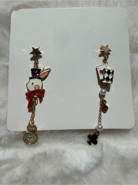 Alice in Wonderland Inspired Gold Bunny and Card Dangle Earrings